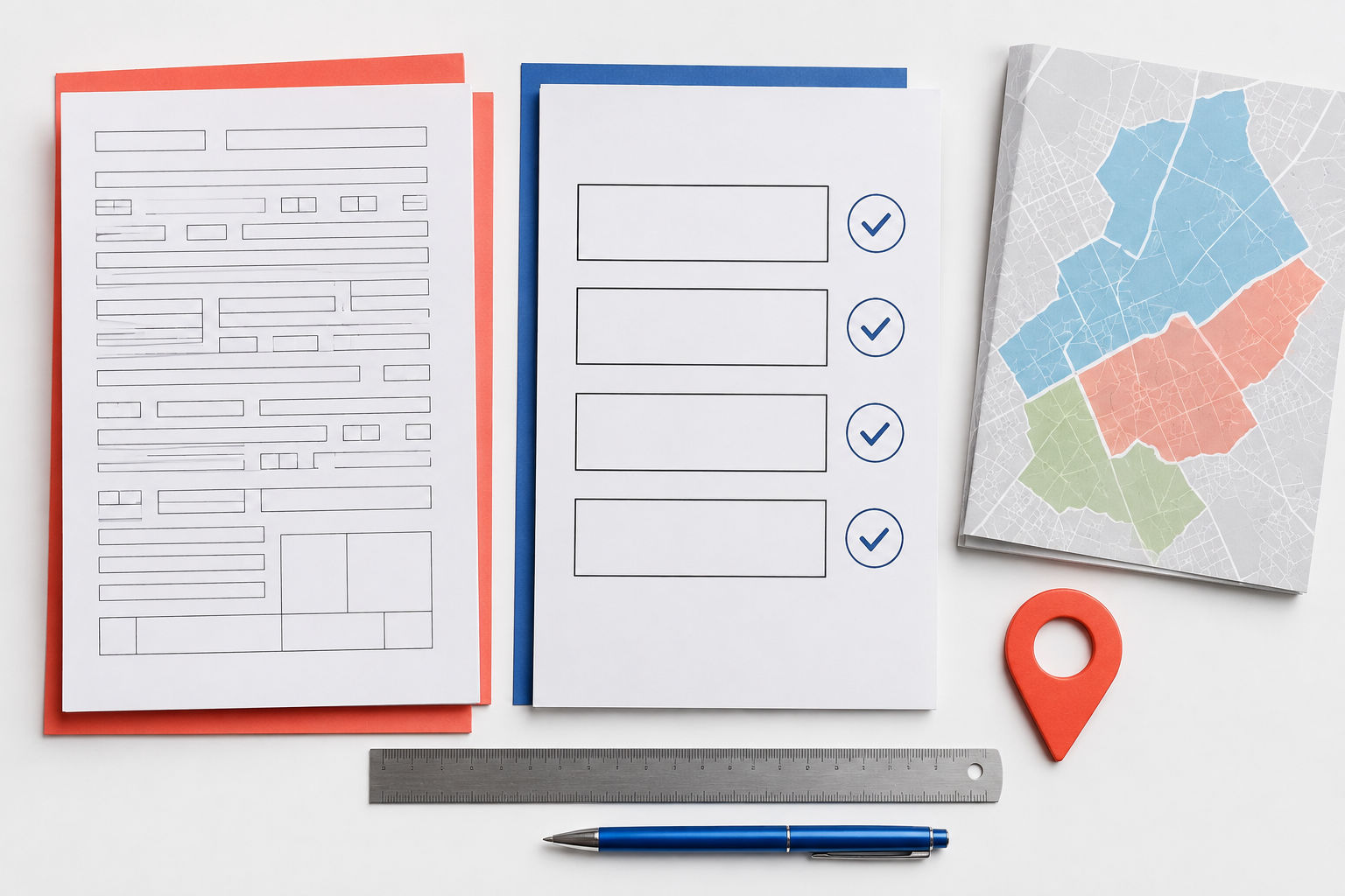 An editorial illustration of forms, a checklist and service-area information