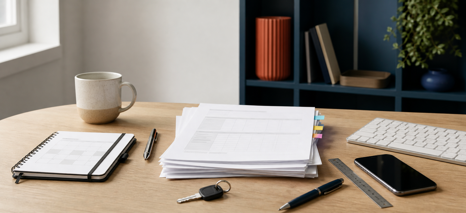 Editorial still life of research papers, a notebook, phone, keyboard and coffee