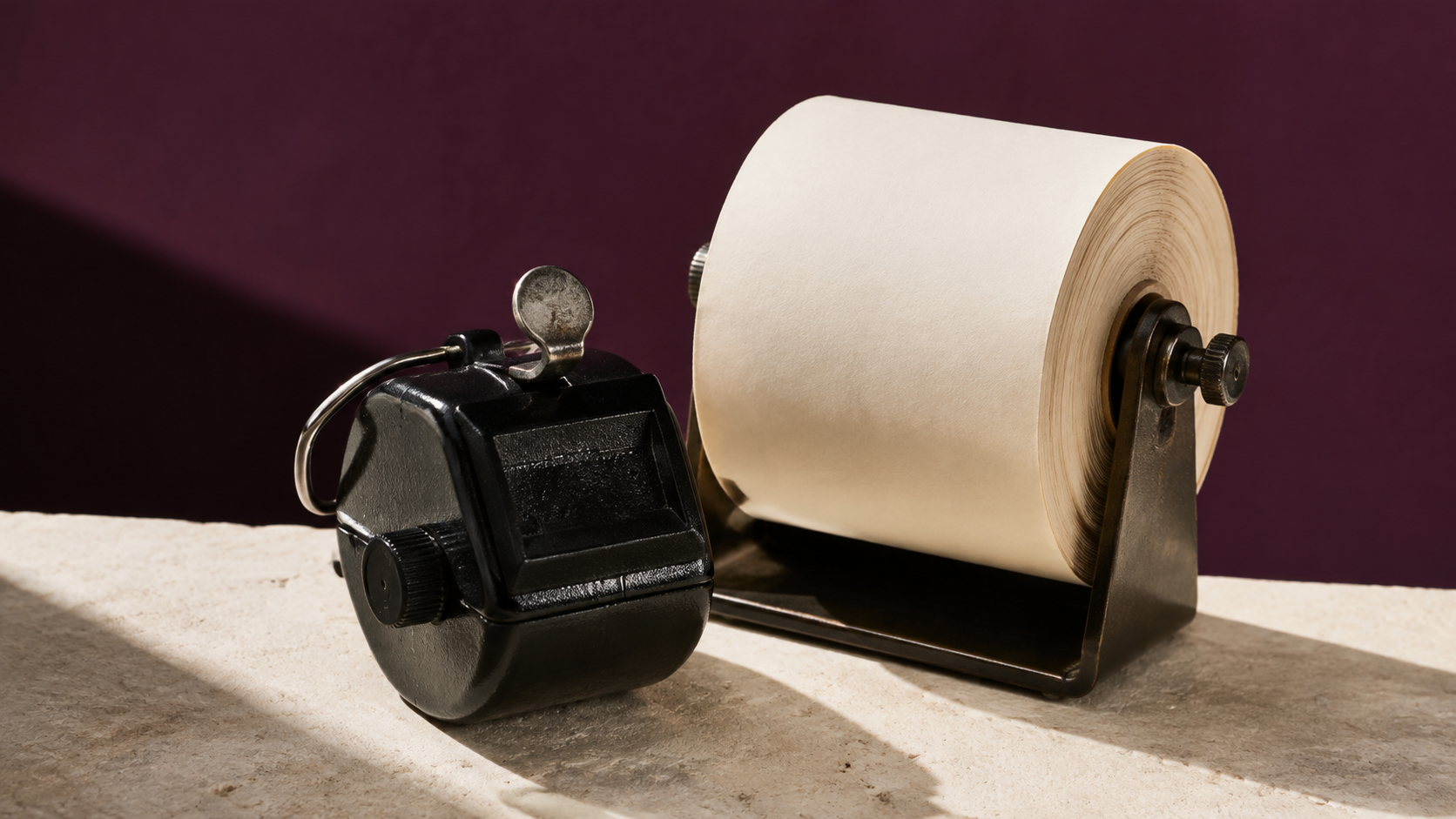 A tally counter and paper roll illustrating measurement
